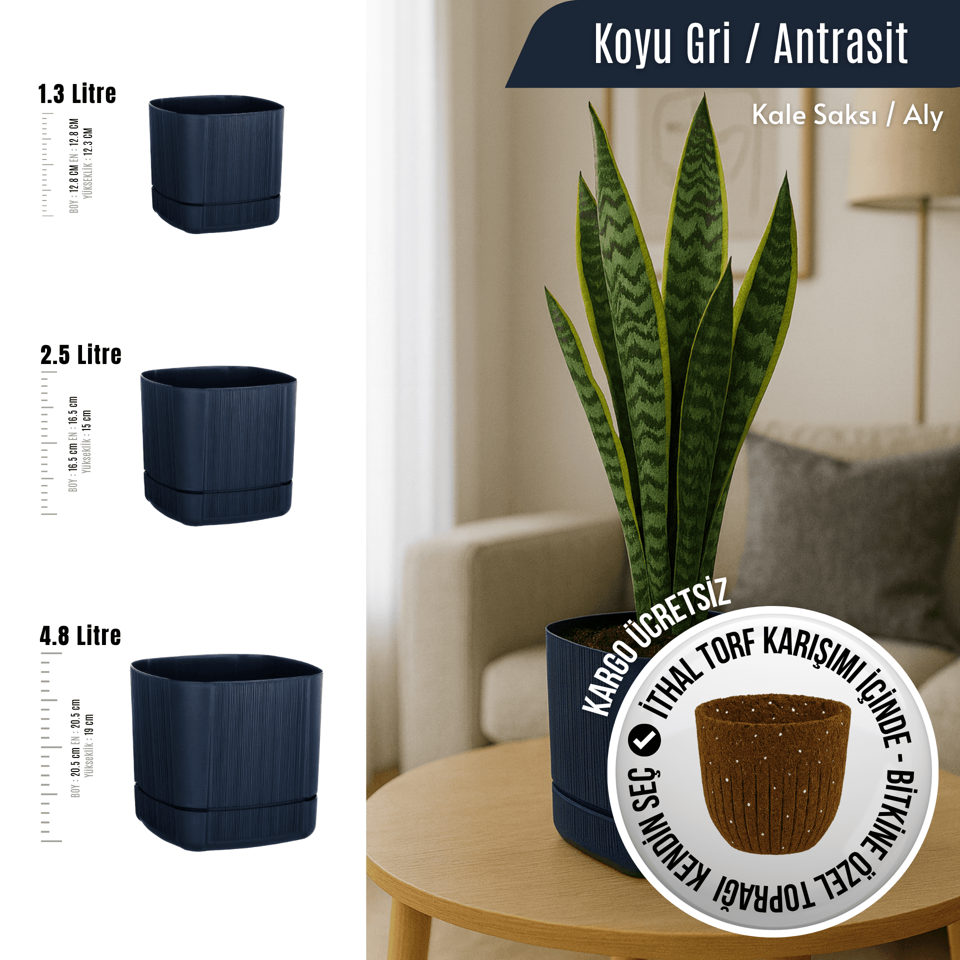 Kale Tabaklı Bitki Saksısı | Koyu Gri (3 Boy Seçenekli) | İthal Torf Hediye